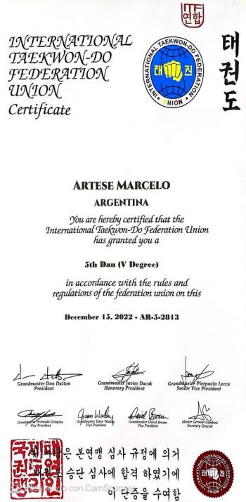 Diploma de 5to Dan otorgado por la I.T.F.U.
